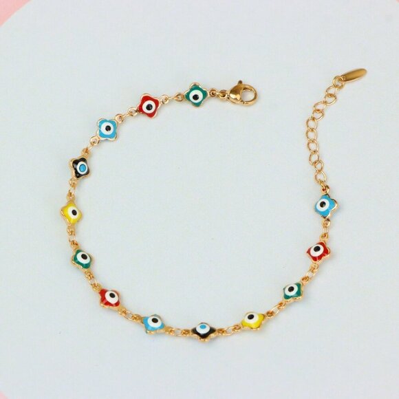 "Rose Gold Evil Eye Anklet with Multicolor Charms, XPAL1074 - Picture 1 of 13